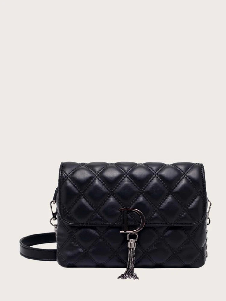 Metal Tassel Charm Quilted Crossbody Bag