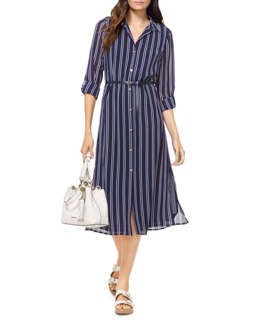 Michael Kors Blue Striped Midi Shirt Dress