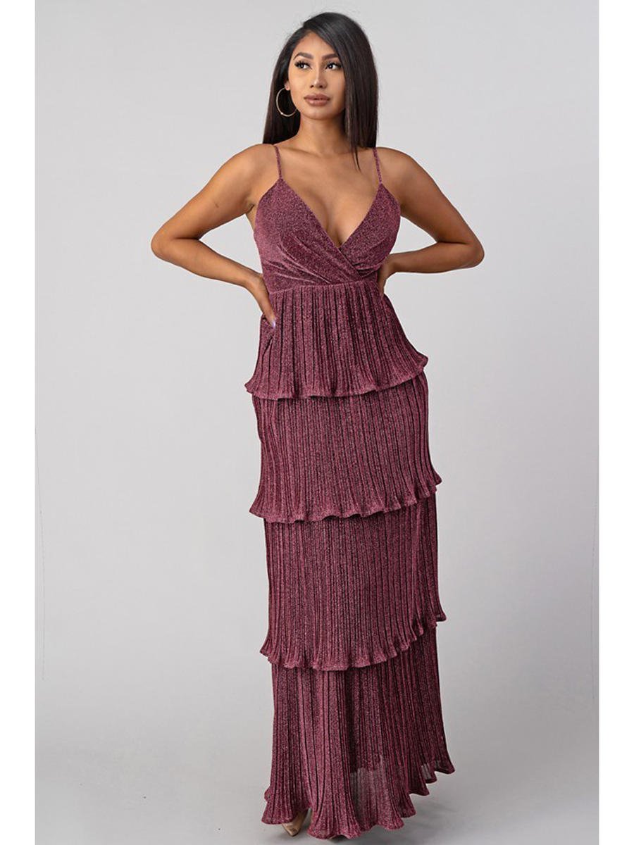 Minuet Satin Metallic Pleated Layer Gown Dress