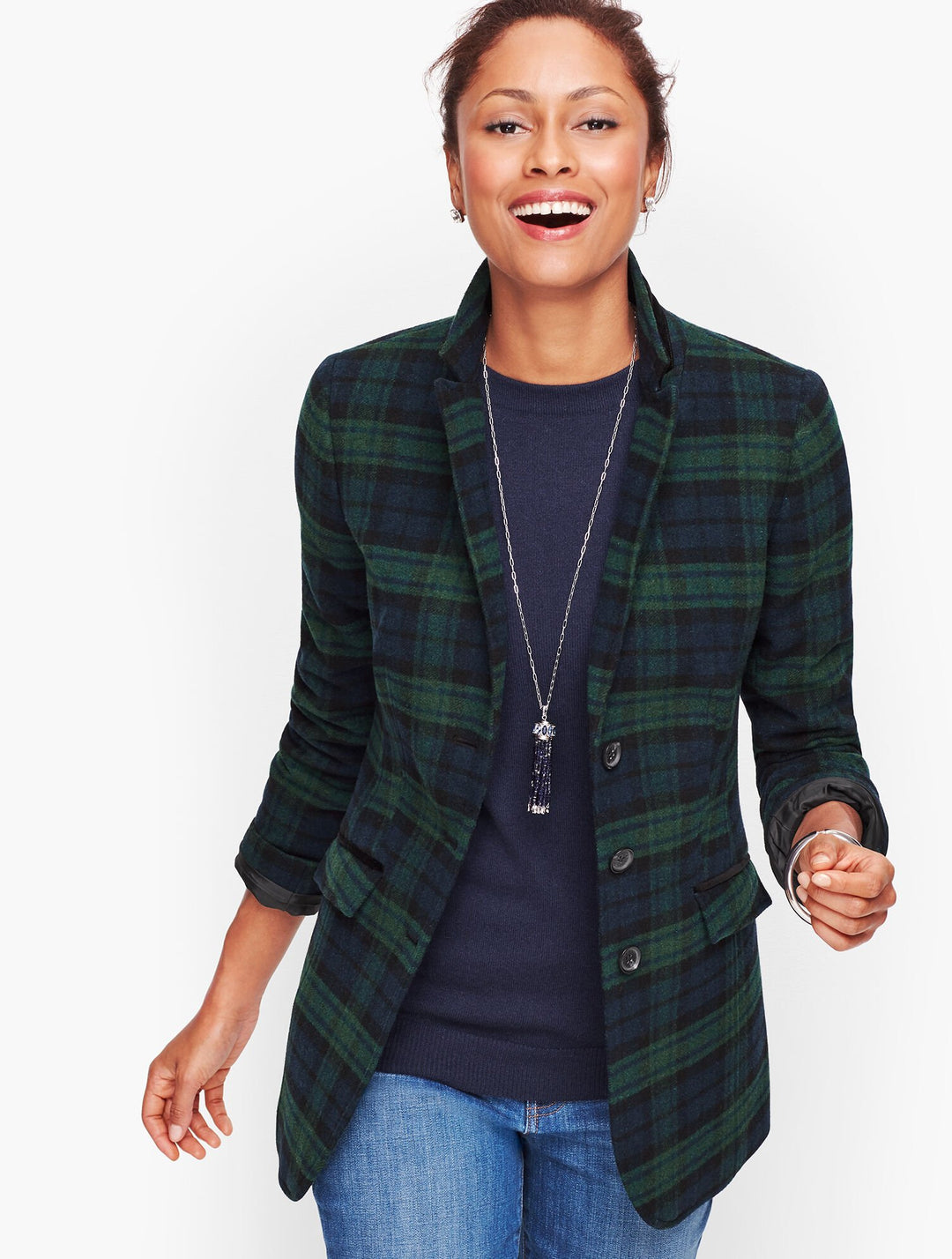 Talbots Wool Blend Velvet-Trim Plaid Blazer