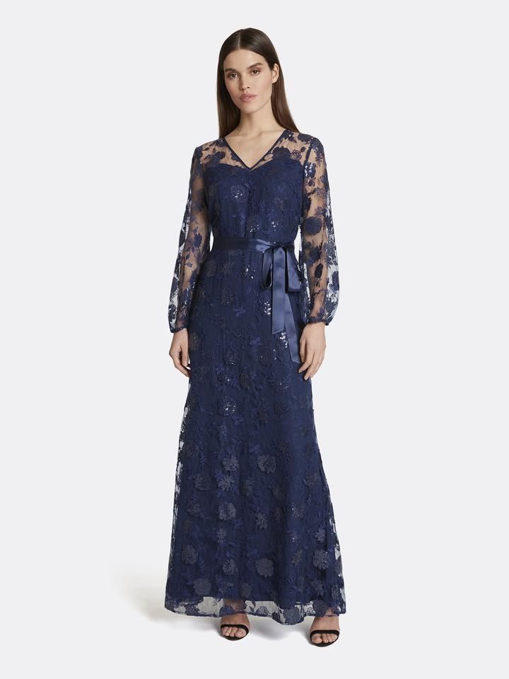 Tahari  Navy Blue Satin with Lace Overlay Long Gown