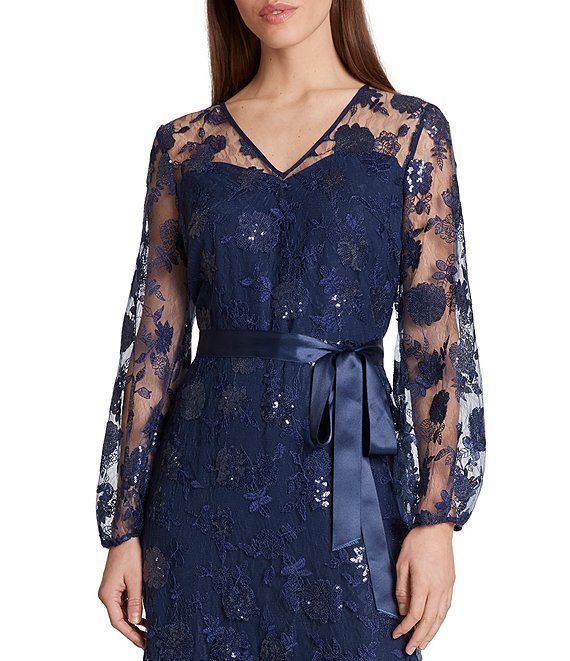 Tahari  Navy Blue Satin with Lace Overlay Long Gown