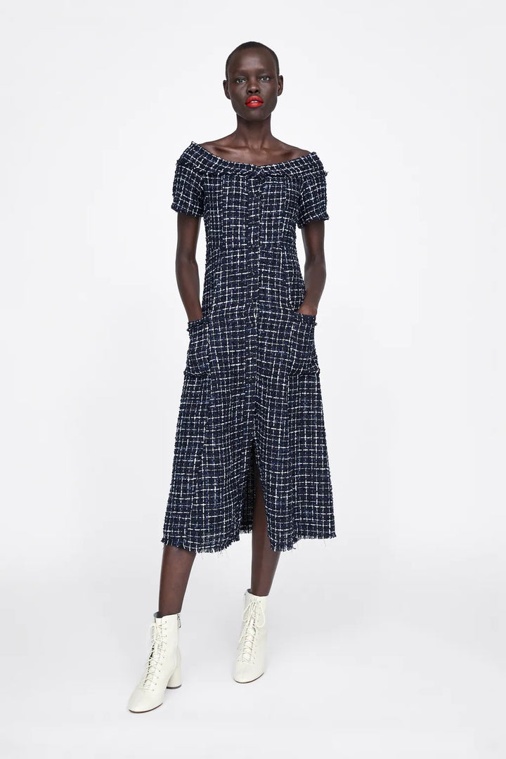 ZARA Zara Blue Tweed Midi Dress