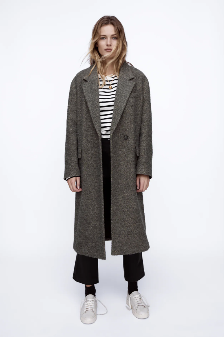 ZARA Wool Blend Oversized Coat Gray Lapel Collar