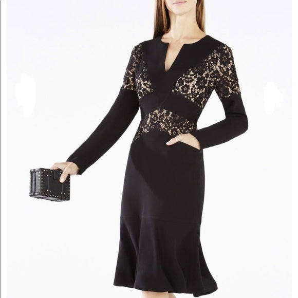 BCBGMaxAzria Krizia Lace-Blocked Flounce Hem Dress