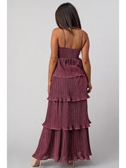 Minuet Satin Metallic Pleated Layer Gown Dress